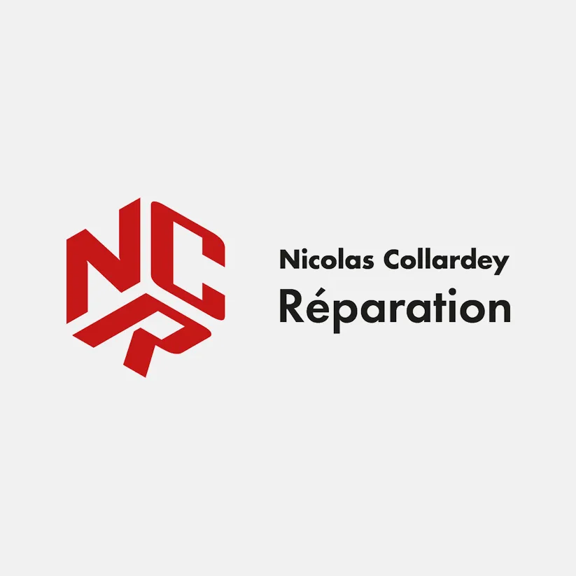 Logo principal Nicolas Collardey Réparation avec symbole rouge et nom de marque sur fond clair.